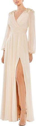 Mac Duggal Chiffon Faux Wrap Beaded Shoulder Detail Gown