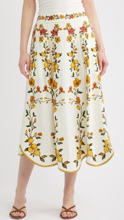 Farm Rio Lemon Bouquet Floral Linen Blend Midi Skirt in Lemon Bouquet Off-White at Nordstrom, Size X-Large
