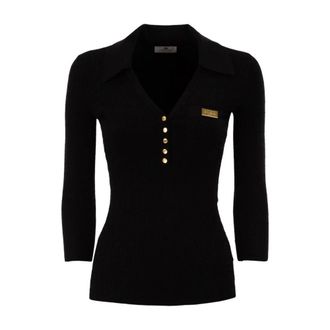 Elisabetta Franchi V-neck Knitwear, female, Black, Size: S Ribbed Knit Polo Shirt