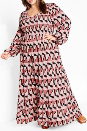 City Chic Adley Printed Smocked Bodice Long Sleeve Maxi Dress in Geo Print at Nordstrom, Size Xxl