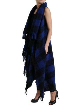 Dolce & Gabbana Womens Black Blue Buffalo Check Poncho Coat Sweater And Clothing