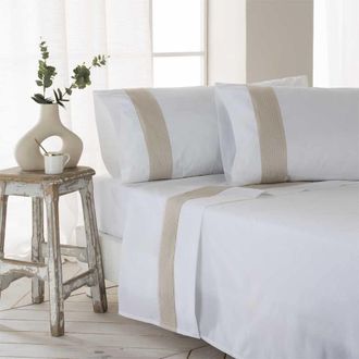 COTTON ARTEAN Juego de s&aacute;banas percal algod&oacute;n 180 hilos beige 280x270 cama 200