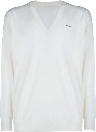 Prada Cashmere Knitwear, male, White, Size: L Chest Logo Cashmere V-neck