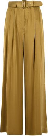 Zimmermann Olive Green Tuck High-Waisted Silk Wide-Leg Pants