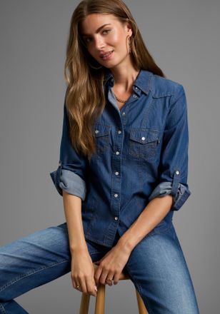 Arizona Jeansbluse ARIZONA mit Druckkn&ouml;pfen in Perlmuttoptik, Damen, Gr. 34, blau (dk blau used), Jeans, Obermaterial: 100% Baumwolle, Basic, figurbetont, mit