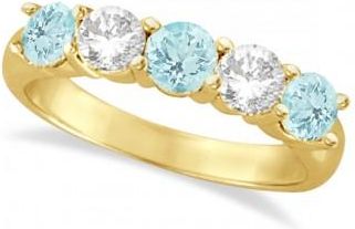 Allurez Five Stone Diamond and Aquamarine Ring 14k Yellow Gold (1.92ctw)