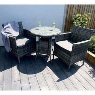 Outdoor Living Amazon Wicker Rattan Natural Bistro Set with outdoor cushion in Grey