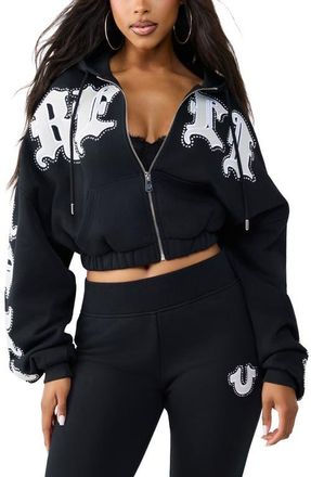 True Religion Crystal Patched Relaxed Full Zip Hoodie in Jet Black at Nordstrom, Size Xx-Large