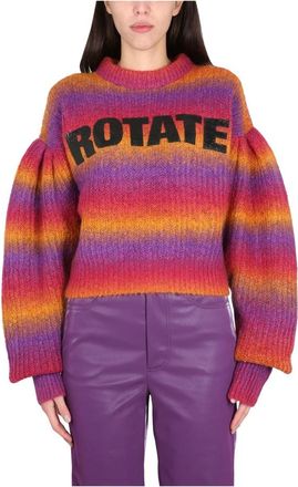 Rotate Gebreide Cropped Trui met Pofmouwen en Logo - Dames - Ronde hals truien - Veelkleurig - M - Wol - Truien & Vesten