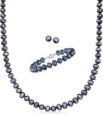 Ross-Simons 7-7.5mm Black Cultured Pearl Jewelry Set: Necklace, Bracelet and Stud Earrings With Sterling Silver