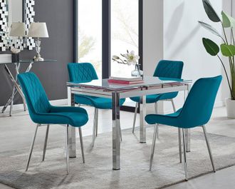 Furniturebox Enna White Glass Extending 4-6 Seater Dining Table & 4 Pesaro Soft Velvet Chairs in Blue