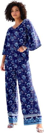 Roaman's Notch Neck Textured Tee in Navy Porcelain Floral at Nordstrom, Size 16