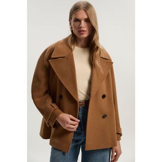 Karen Millen Brushed Wool Double Breasted Short Coat in Camel at Nordstrom, Size 10
