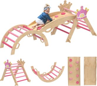 OEM 8 En 1 Tri&aacute;ngulo De Escalada De Madera Estructura De Escalada Montessori Tema De Corona Con Arco Y Rampa Rosa