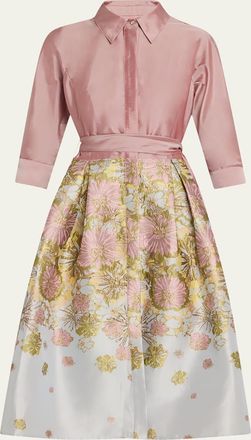 Teri Jon Pleated Floral Jacquard Midi Shirtdress