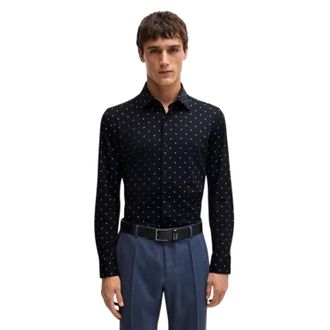HUGO BOSS Herenoverhemd met gestippelde puntkraag en lange mouwen (Donkerblauw)