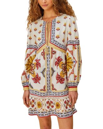 Farm Rio Farm Rio Linen-Blend Marys Tiles Off-White Mini Dress