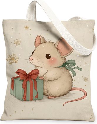 Generic Christmas Mouse Canvas Tote Bags, Adorable Animal Design Reusable Grocery Bags, Winter Lightweight Washable Shoulder Strap for Travel Picnic 13x15 Inc