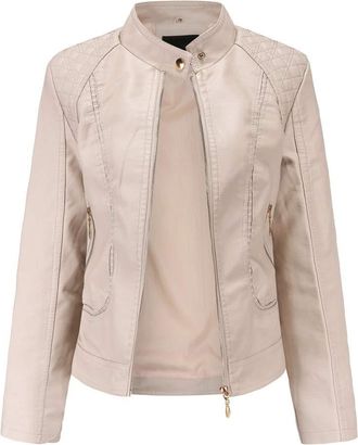 Dissa Womens Khaki Faux Leather Biker Jacket Short PU Moto Biker Outwear Fitted Zipper Jacket Stand Collar Spring and Autumn Coat,18,PB536