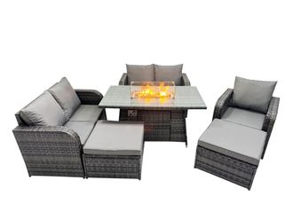 Fimous 7-seater Rattan Garden Furniture Dining Set with 2 Big Stools in Dark Grey