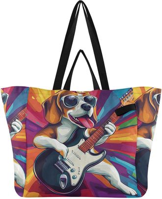 Generic Dog Guitar Player Colorful print Reusable Canvas Tote Bag, Heavy Duty Grocery Shopping Bag with Hard Bottom Double Handles Large Capacity Work Groceri