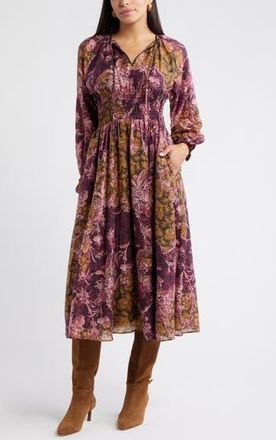 Chelsea28 Long Sleeve Smocked Waist Midi Dress in Purple- Yellow Paisley Patch at Nordstrom Rack, Size Xx-Small