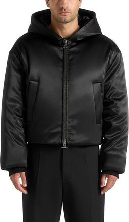Mani&egrave;re De Voir Dario Satin Cropped Hooded Jacket in Black at Nordstrom, Size Xx-Large