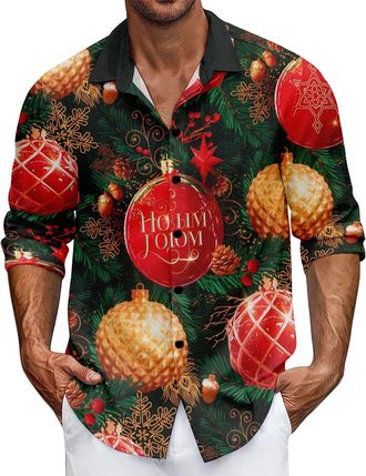 Generic Funny Christmas Shirts for Men, Humorous Long Sleeve Xmas Party Shirt with Santa, Snowman, Reindeer and Wine Glass Prints, Trendy Christmas Shirts for
