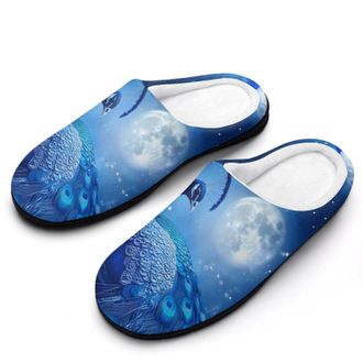 Generic Blue Peacock Moon Womens Slippers Warm House Slippers Indoor House Shoes with Anti-Skid Rubber Sole
