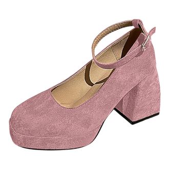 Generic Womens Elegant Suede Chunky Heel Square Toe High Heels Fashion Casual Shoes Comfortable Evening Shoes Thick Sole for All Occasions, pink, 8.5 UK