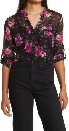 Kut from the Kloth Jasmine Chiffon Button-Up Shirt in Chelles Bouquet Black Purple at Nordstrom Rack, Size Small