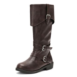 Generic Womens Round Toe Mid-Calf Boots PU Leather Long Boots with Side Zipper Flat Heel Knight Boot with Buckle,Brown1,7.5 UK