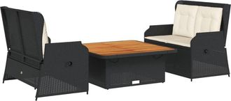 vidaXL Set De Muebles De Jard&iacute;n 3 Pzas Y Cojines Rat&aacute;n Sint&eacute;tico Negro Vidaxl