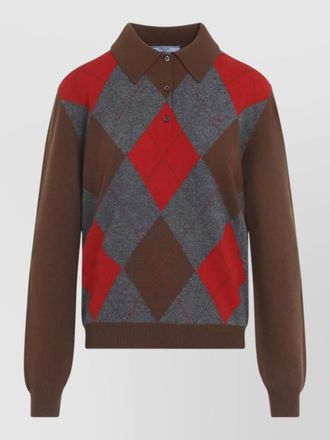 Prada argyle jacquard knit wool polo sweater