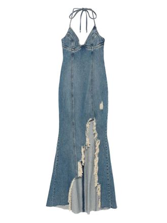 Blumarine halter-neck frayed-hem denim dress - women - Cotton - 40 - Blue