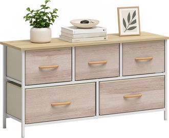 HOMCOM Homcom C&oacute;moda Con 5 Cajones De Tela, C&oacute;moda Para Dormitorio, Marco De Metal, Cajonera Para Sal&oacute;n, Oficina, Vestidor, Natural Y Blanco