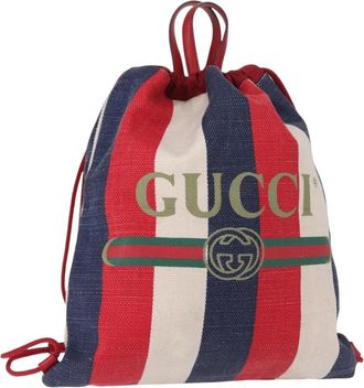 Gucci Logo Drawstring Backpack Striped Canvas Blue Canvas Backpack Bag (Pre-Owned)