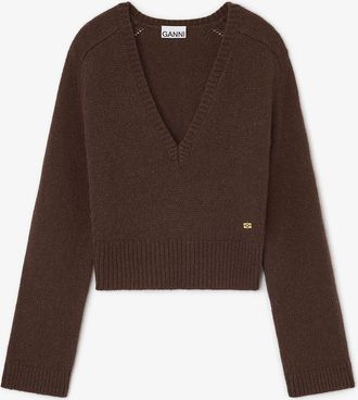 Ganni Brown V-neck Jumper - Size XXS Wool