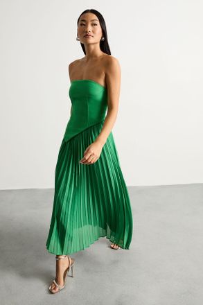Warehouse Womens Petite Bandeau Bodice Pleated Chiffon Midi Dress - Green - Size 12 UK