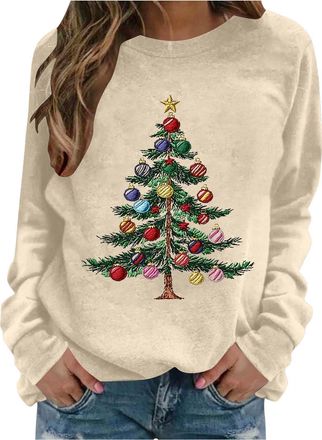 Generic Christmas Ugly Jumpers Women Christmas Tree Printed Jumper Novelty Fleece Long Sleeve Sweatshirt Oversized Pullover Tops Xmas Graphic Funny Sweater Wi