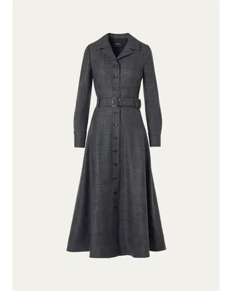 Akris Prince Of Whales Wool Stretch Flannel Belted Midi Shirtdress