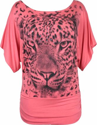 Purple Hanger New Ladies Leopard Tiger Animal Print Short Batwing Sleeve T-Shirt Womens Short Sleeve Printed Stretch Fit Top Plus Size Coral Size 24-26