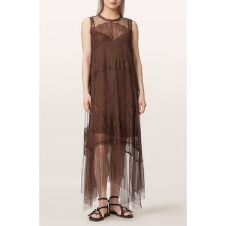 AllSaints Clara Sheer Lace Sleeveless Handkerchief Hem Dress in Bitter Brown at Nordstrom, Size 10