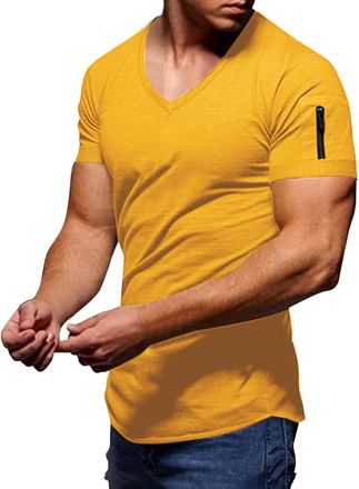 Generic WINWUQB Mens V-Neck T-Shirts Short Sleeve Casual Plain Summer T-Shirt Fashion Soft Comfort Basic Tee Top Lightweight Breathable Tshirts (Yellow,M)
