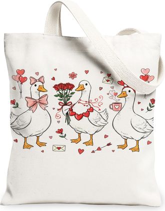 Generic Cute Duck Canvas Tote Bags, Adorable Waterfowl Heart Pattern Reusable Grocery Bags, Spring Vintage Lightweight Washable Can, White, 13x15 Inch