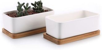 OEM Maceta De Cer&aacute;mica De 17 Cm Para Suculentas Con Bandeja De Bamb&uacute; Blanca, Juego De 2, Maceta Para Cactus, Contenedor De Flores, Regalo Para Cumplea&ntilde;os 