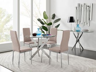 Furniturebox Novara Clear Tempered Glass 100cm Round Dining Table with Chrome Starburst Legs & 4 Milan Faux Leather Chairs in Beige