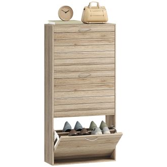 HOMCOM Homcom Zapatero Estrecho Con 3 Puertas Abatibles, Zapatero Entrada Recibidor, Estantes Ajustables, Para 12 Pares, Para Espacios Reducidos, Roble
