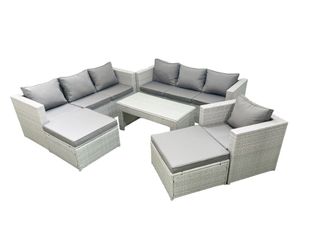 Fimous Wicker PE Rattan Sofa Garden Furniture Set with Oblong Coffee Table Armchair 2 Big Footstools Light Grey Mixed