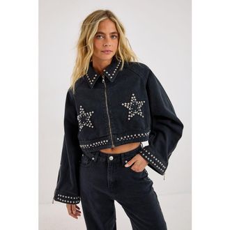 NASTY GAL Studded Denim Jacket in Washed Black at Nordstrom, Size 12
